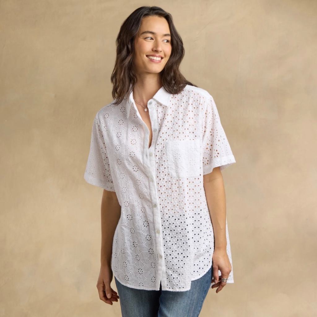 Sundance Short Sleeve Eyelet White Cotton Shirt Size L